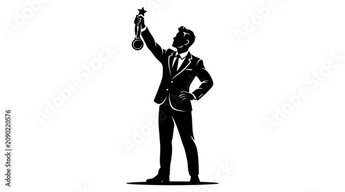 Quadro su tela Silhouette Businessman Holds Up Trophy Star Award, Success and Achievement Conce