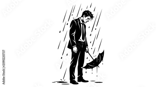 Tableau sur toile Sad Businessman Standing in Heavy Rain with Broken Umbrella