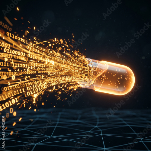 Digital Pill: Futuristic Medicine, Binary Code Stream, Medical Technology, Data Flow
