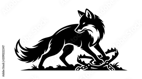 Bild auf Leinwand Black silhouette of a fox caught in a trap, danger concept illustration
