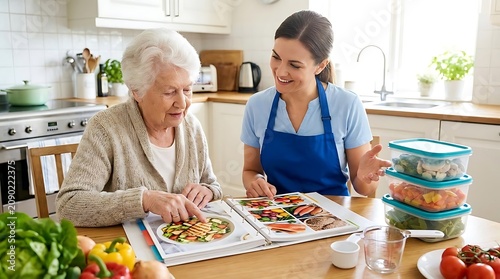 Elderly woman and caregiver looking at photo album in kitchen