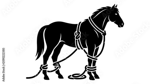 Bild auf Leinwand Silhouette of a horse tied with rope, vector illustration, black and white