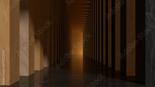 Minimalist corridor with warm light and dark shadow, low key fine art gallery interior, reflective floor, geometric column pattern, empty space