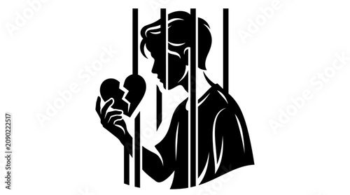 Foto Sad Person Holding Broken Heart Behind Bars Silhouette