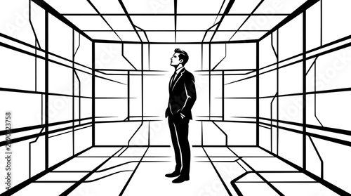 Canvastavla Businessman in futuristic geometric room, contemplating future, innovation, visi