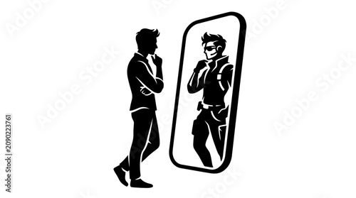 Obraz na plátně Man in Silhouette Looking in Mirror at Heroic Reflection
