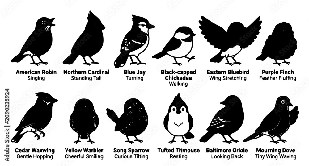 Obraz premium Flat Cartoon North American Songbirds and Raptors Vector Character Set