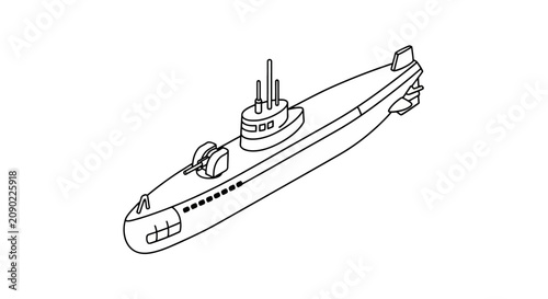 Obraz na plátně Military submarine line drawing with deck gun and periscope