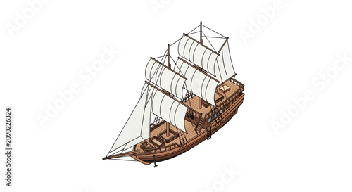 Tableau sur toile Isometric wooden tall ship with white sails and rigging