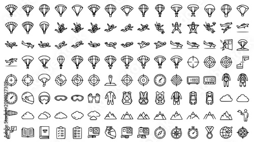 Obraz na płótnie Extreme Skydiving and Parachute Outline Icon Collection for Adventure Sports Vec