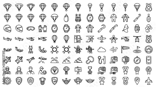Fotografie Professional Skydiving and Parachute Mega Thin Line Icon Set for Aviation and Ad