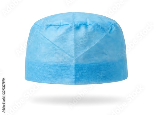 Blue disposable surgical cap for hygiene and sterile operating rooms.