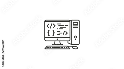 Canvastavla Modern Minimalist Line Drawing of Computer Setup Displaying Code on Screen with