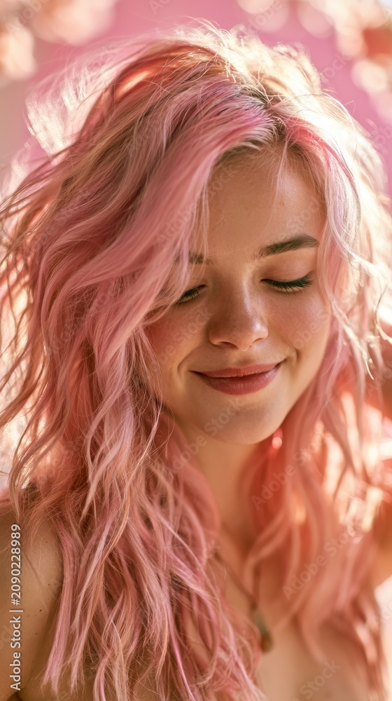 Fototapeta premium Vertical dreamy portrait of a smiling woman with flowing wavy pink hair and soft makeup, set against a blurry pink background with light bokeh and blossoms