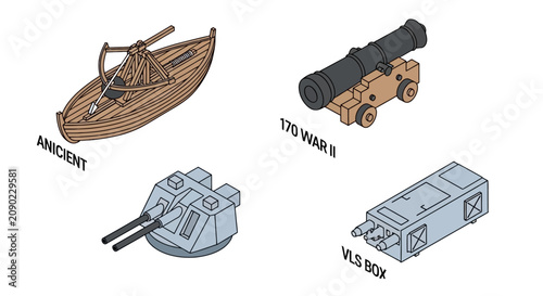 Canvas Print Evolution of naval weaponry from ancient ballista to modern missiles