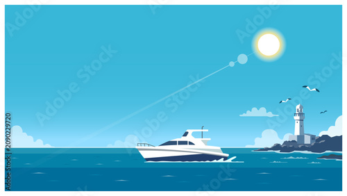 青空の海を進むクルーザーと灯台の背景イラスト