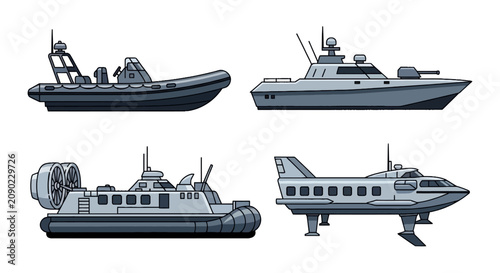 Foto Modern watercraft set including hovercraft and hydrofoil