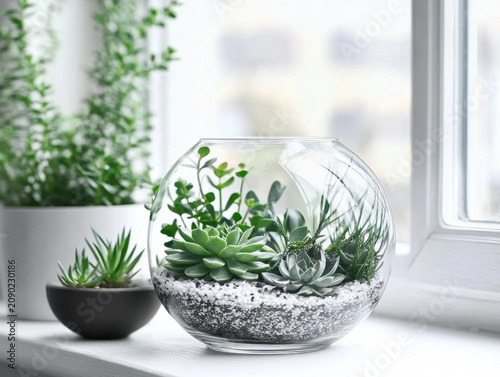 Mini succulent garden in glass terrarium on windows