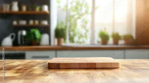 wood counter top with cutting board on blur kitchen in morning window background.