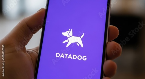 Hand holding smartphone with datadog app logo on screen