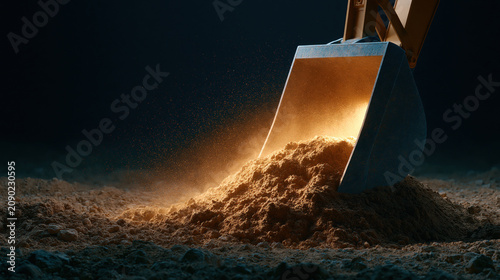 Excavator bucket dirt mound construction equipment metal bucket soil pile heavy machinery digging tool earthwork dark background illuminated soil