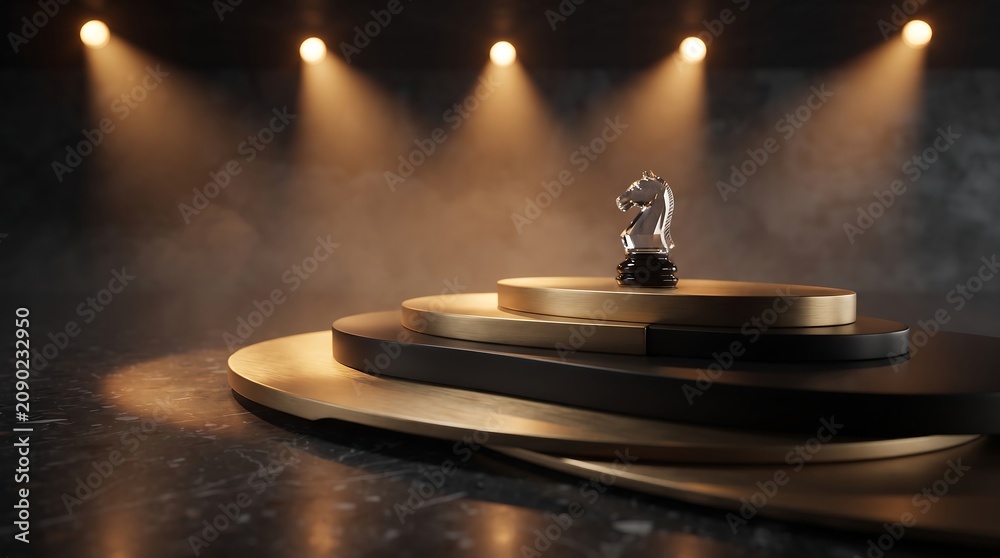 Obraz premium Glass Chess Knight on Golden Podium in Dark Cinematic Room