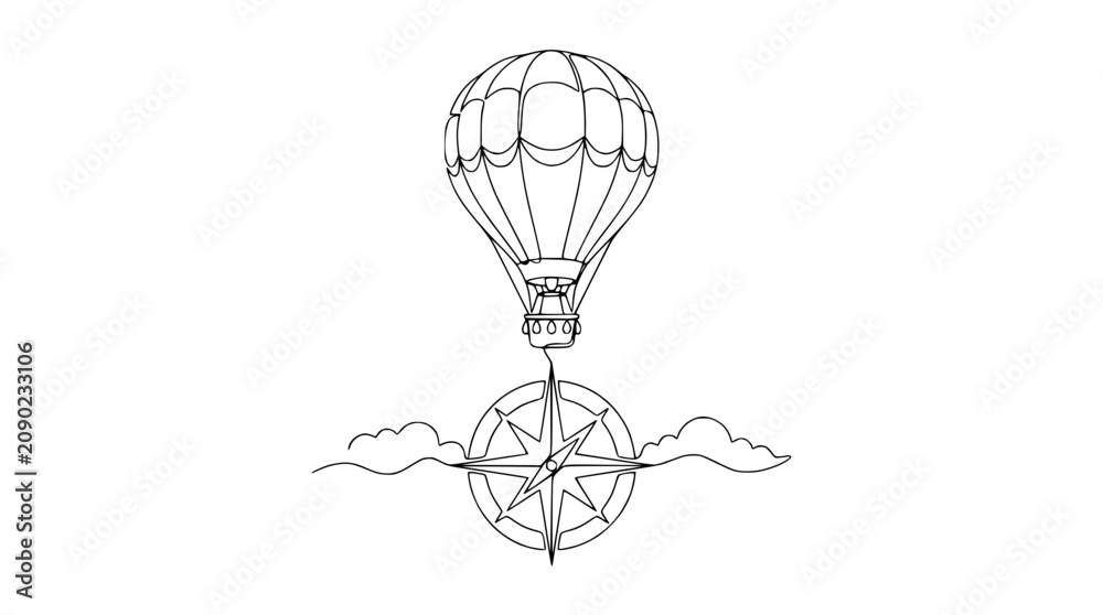 Fototapeta premium Hot Air Balloon and Compass Rose Illustration - Adventure and Travel Concept