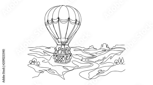 Fotografie Continuous line drawing of hot air balloon over scenic landscape with mountains