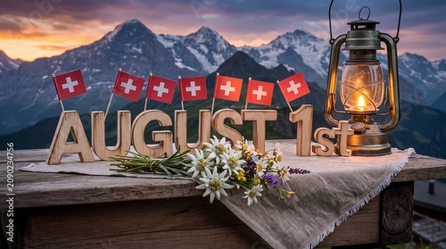 Wooden letters spelling 'August 1st' with Swiss flags, edelweiss flowers, and a lantern on a table against a backdrop of majestic mountains at sunset, celebrating Swiss National Day.