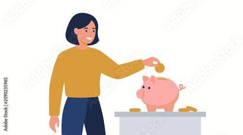 Woman putting coins into piggy bank on table indoors
