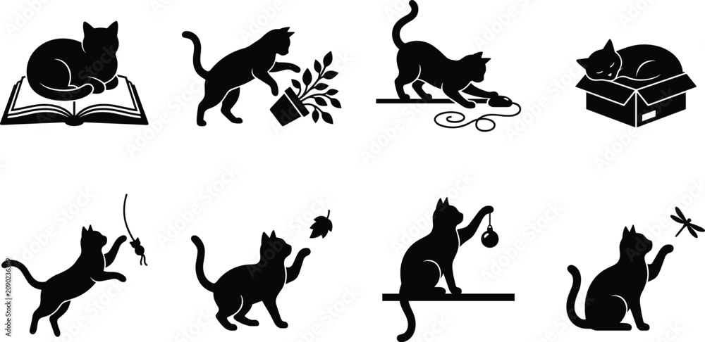 Fototapeta premium Black cat silhouettes set showing funny playful behavior mischievous antics and cute sleeping habits isolated on white background