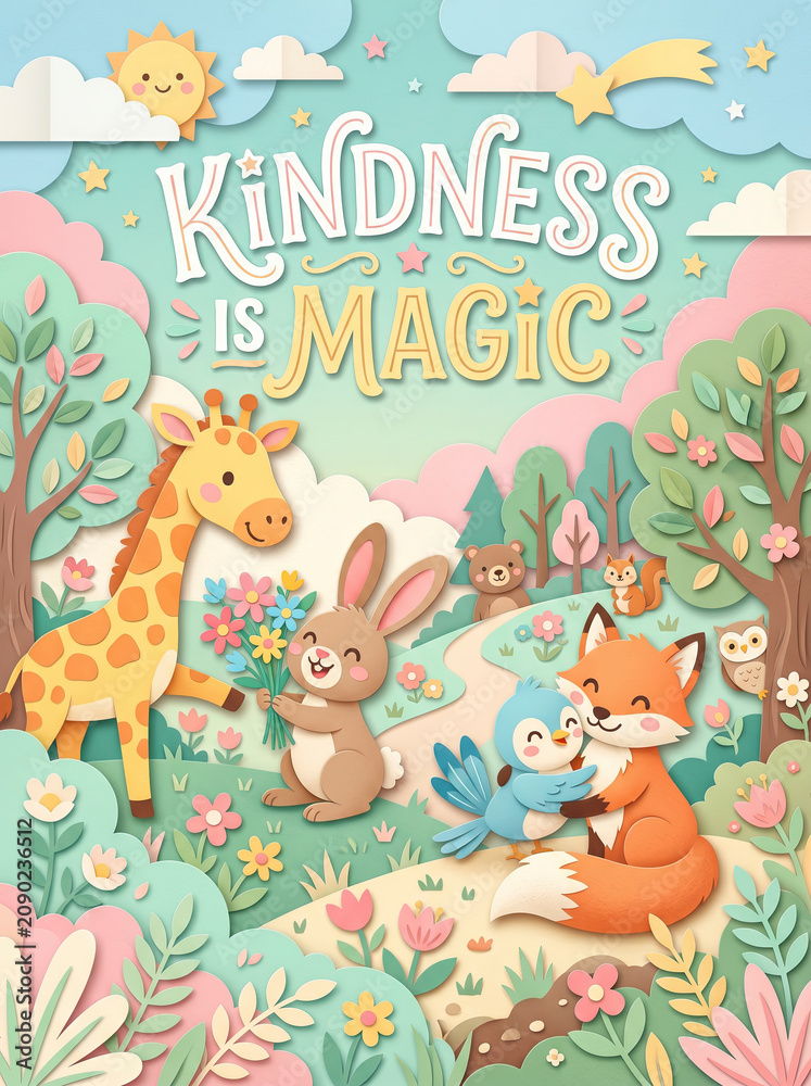 Fototapeta premium Kindness Is Magic Cute Animals Hugging and Sharing Flowers