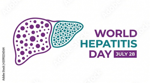 World Hepatitis Day July 28 medical banner, human liver anatomy illustration with disease spots, purple and teal healthcare awareness graphic
