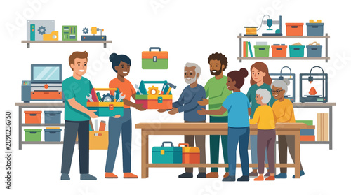 Diverse workshop facilitators handing toolboxes to senior citizens in a community maker space flat design vector illustration.