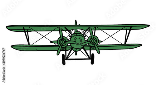 Photos Front view of a green vintage biplane with triple propellers