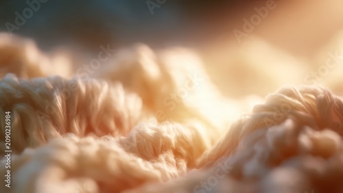 Soft golden light illuminating fluffy white clouds texture.