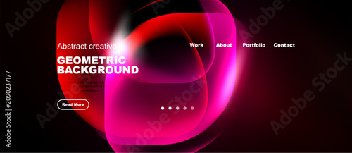 Dark background features vibrant red abstract shapes. Website navigation includes work, about, portfolio, contact options. Minimalist design.