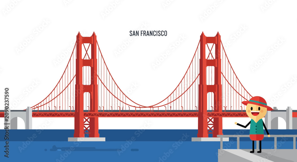 Fototapeta premium Iconic Golden Gate Bridge in San Francisco, California, rendered in a vibrant flat vector illustration style