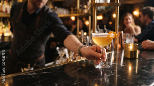 Bartender Serving Elegant Sidecar Cocktail at Luxury Bar