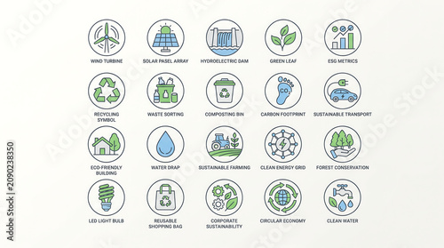 Premium Eco Sustainability Icon Collection Featuring Renewable Energy Recycling and Carbon Neutral Concepts