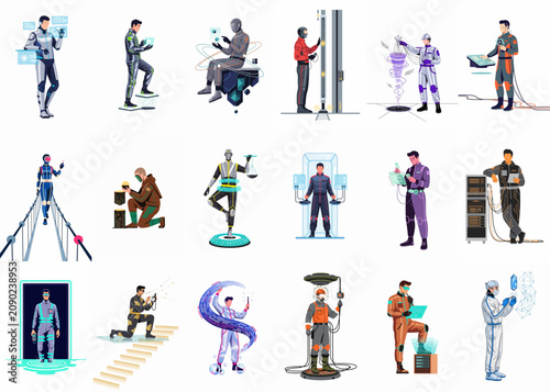 Collection of futuristic characters and professionals performing advanced scientific and technological tasks in a modern flat vector illustration style.