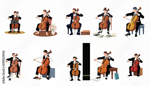 Obraz na płótnie Set of ten flat illustrations of male and female cellists in formal attire playing the cello, suitable for classical music and orchestra themes