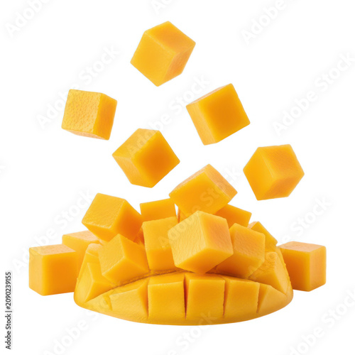 Fresh mango pieces floating in the air, arranged around a sliced mango base.
