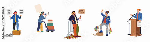 Photos Flat illustration of diverse workers and activists protesting for equal rights, fair pay, and labor justice with placards and megaphones on white background