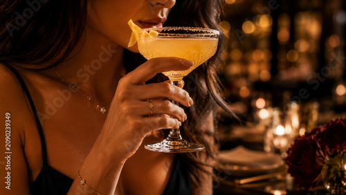 Elegant Woman Enjoying Classic Sidecar Cocktail at Luxury Bar