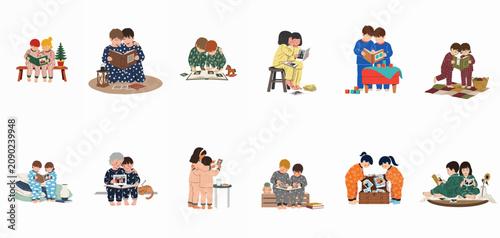 Set of Vector Illustrations Showing Children in Pajamas Looking at Photo Albums and Sharing Family Memories Together.
