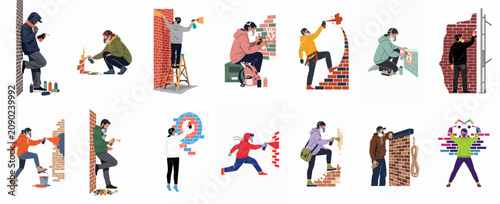 Collection of Diverse Graffiti Artists Spray Painting Urban Murals on Brick Walls in Flat Vector Illustration Style