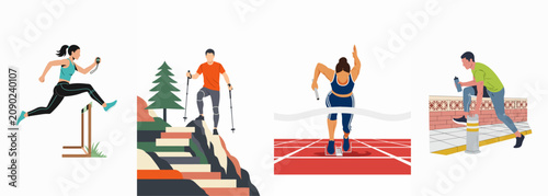 Set of flat vector illustrations depicting people engaged in various sports activities including track and field, hiking, and outdoor stretching.