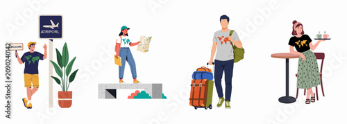 Diverse set of vector characters depicting various travel experiences like airport arrival, map reading, carrying luggage, and serving coffee at a local cafe.