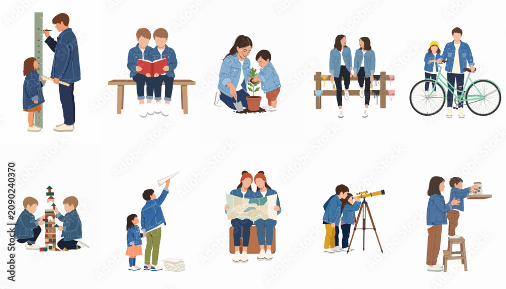 Fototapeta premium Collection of flat vector illustrations featuring adults and children in denim outfits engaged in various educational and lifestyle activities.